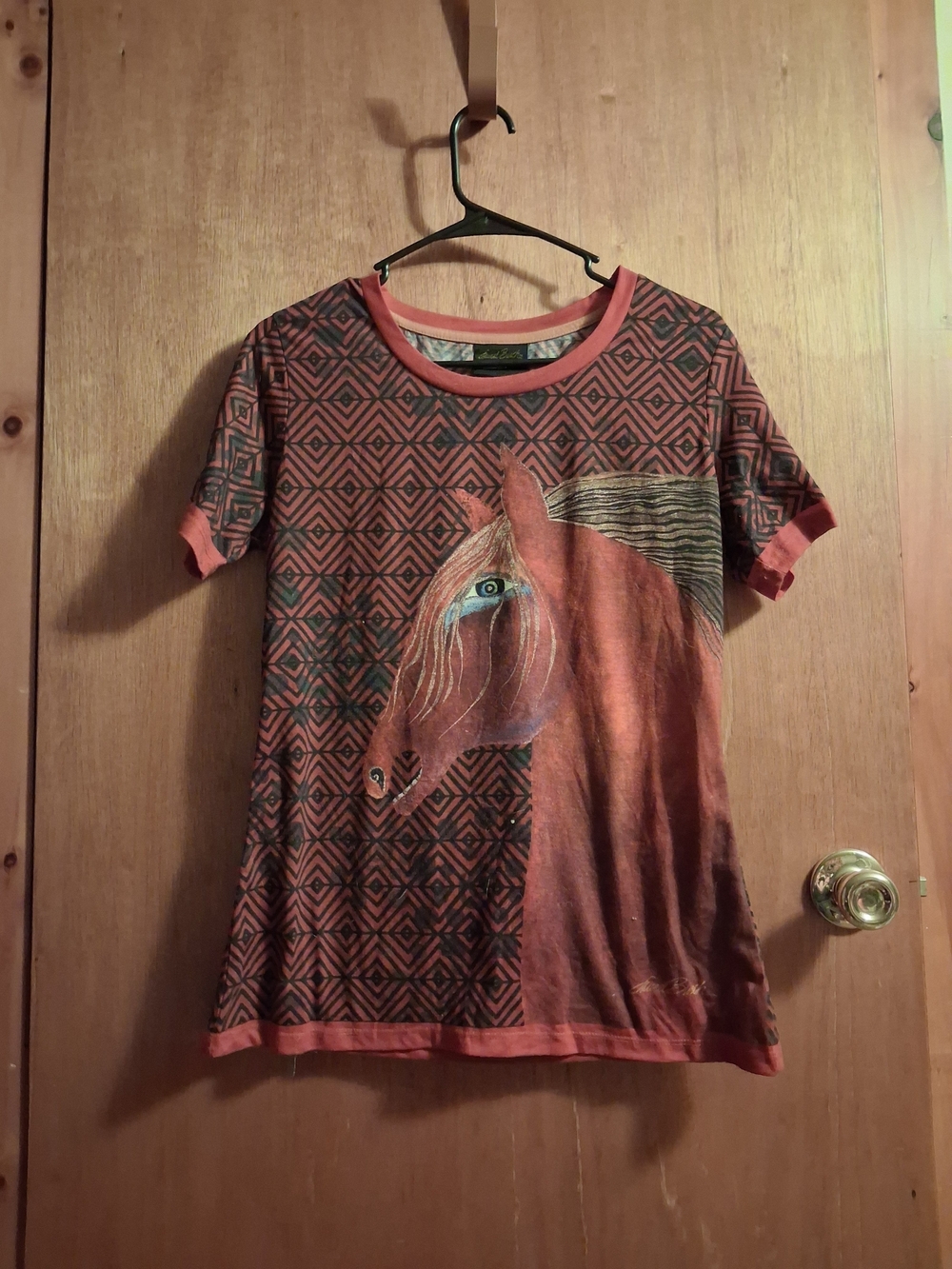 Laurel Burch Red and Black Horse Graphic Short Sleeve Tee
